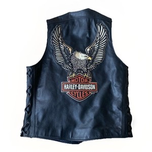 Harley Davidson Leather Vest MENS MEDIUM Big Eagle Patch Lace Up Sides Snaps