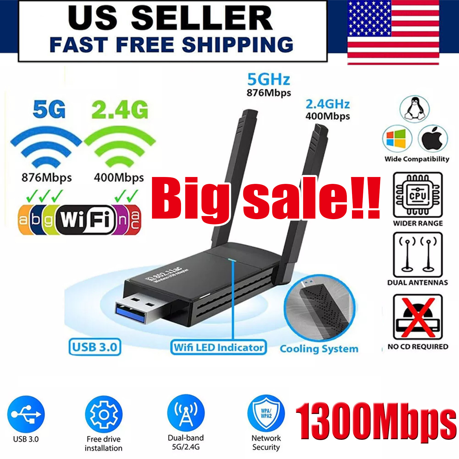 USB 3.0 Wireless WIFI Adapter 1300Mbps Long Range Dongle Dua