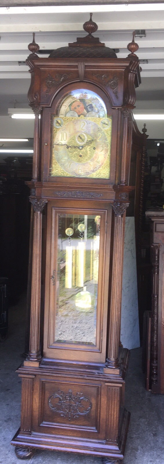 CARVED OAK ELLIOTT GRANDFATHER CLOCK WITH BELLS, WHITTINGTON AND