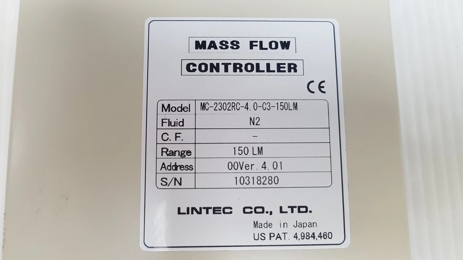 LINTEC nameplate: model MC-2302RC-4.0-C3-150LM, fluid N2, range 150 LM, Made in Japan