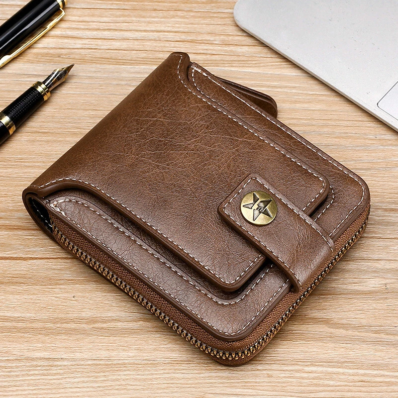 Cartera De Cuero Plegable Para Hombre Billetera Con Cremallera
