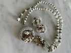 Miriam Haskell white bead, rhinestone gold tone ornate pendant necklace earrings