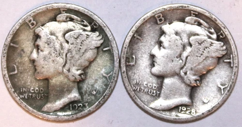 (2) Mercury Dimes - 1923P(Very Good) 1928P(Very Good) - #2397AT FREE SHIPPING