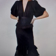 ALEXIS Womens Black Lace Ruffle Peplum Midi Dress Puff Sleeve V Neck