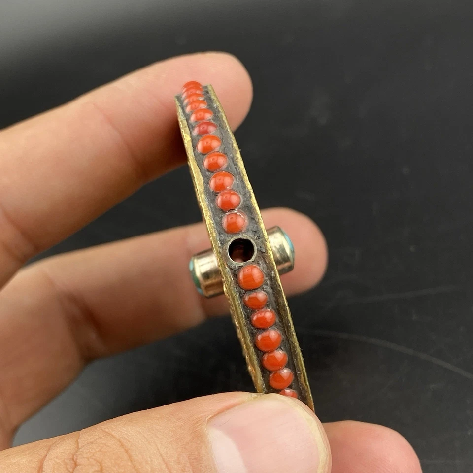 Impresionante abalorio hermoso vintage antiguo único hecho a mano tibetano nepalí incrustación de coral Foto 4 de 4