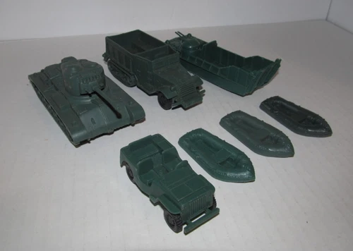 Vintage Marx Battleground Playset Green Tank Jeep Halftrack Landing Craft & Raft