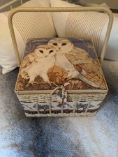 Vintage Sweing Basket Satin Liner Organiser Shelf Owl Motife 1970s Great Gift