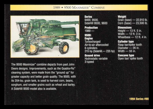1994 TCM John Deere Farm Machines Trading Card #80 1989 9500 Maximizer Combine - Picture 2 of 2