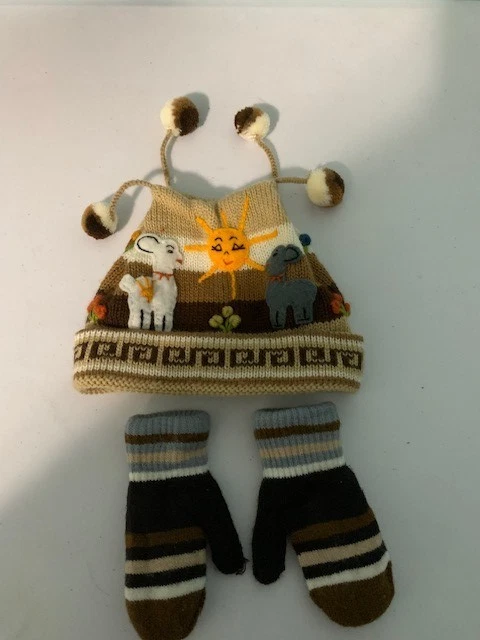 peruvian wool baby hat and mittens set