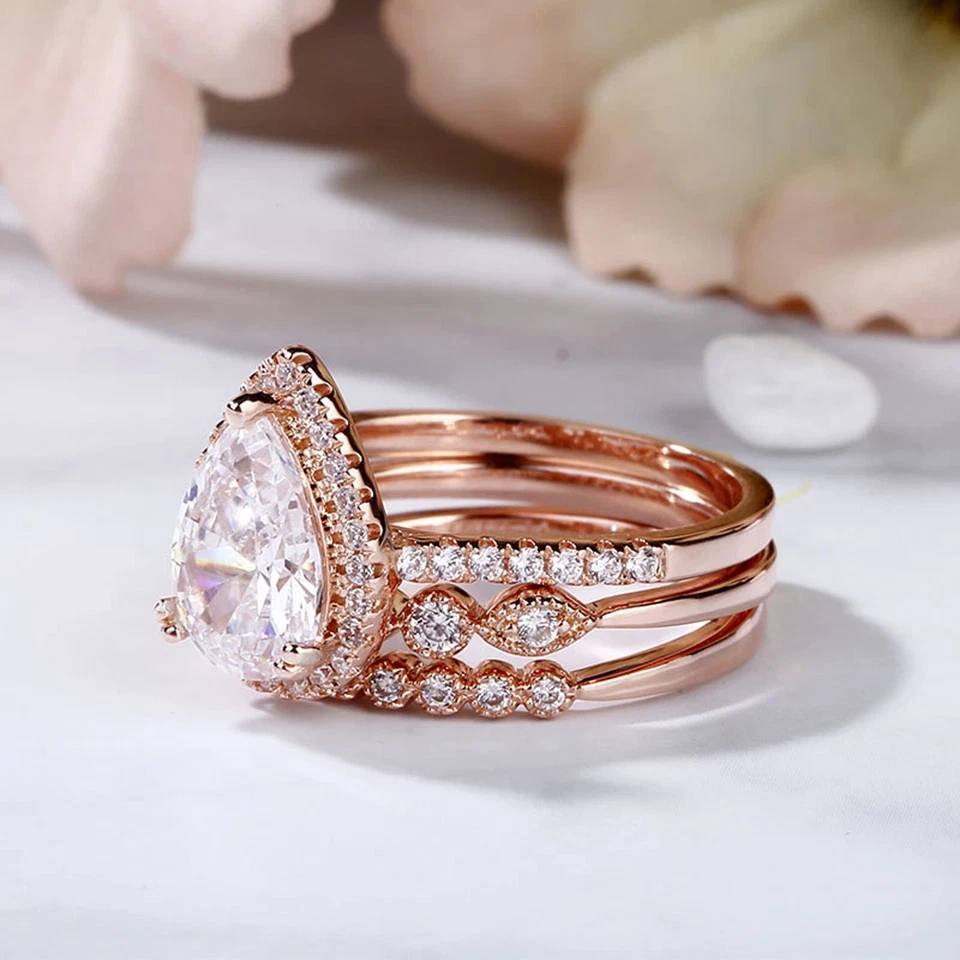 Pear Shaped Wedding Ring Set: 3PC Halo Pear Cut Sterling Silver Diamond Brida... - Изображение 4 из 4