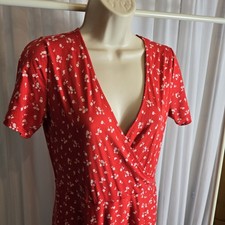 House Red Floral Print Mini Tea Dress Short Sleeve Size L Stretchy Material