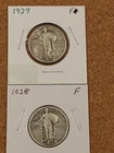 1927 and 1928 Standing Liberty Quarters Fine Condition, Natural and Undamaged