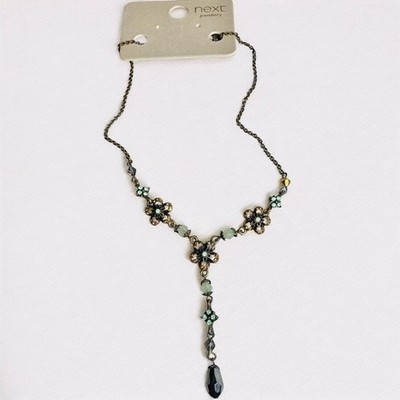 Y2K Floral Y Drop Necklace Teal Crystal Bronze Tone Statement Pendant 18  NWT