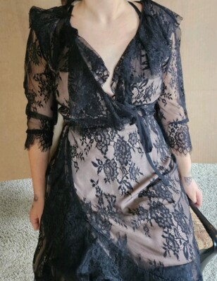 Francesca s Dress Womens Small Black Lace Overlay Ruffled Neck Laced Sleeve NWT