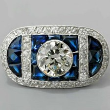 2.50Ct White CZ-Stone  Blue Sapphire Art Deco Style 925 Silver Engagement Ring