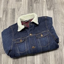 H M Button Down Plaid Lined Blue Denim Fur Trim Jean Jacket Youth Size Medium