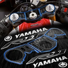 Handle Bar Yoke Cover Black+2-Tone Blue 6"Logo+R1 Emblem Sticker Kit 12-14 YZFR1