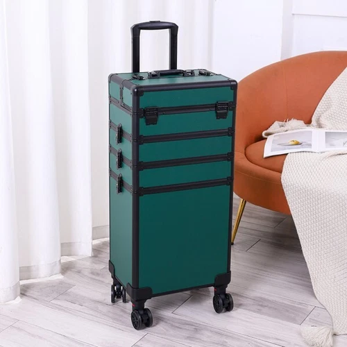 4-in-1Draw-bar Style Interchangeable Aluminum Rolling Makeup Case-Dark Green US