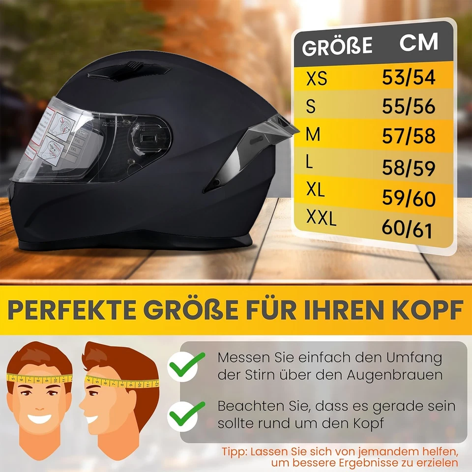 Integralhelm Motorradhelm Fullface Helm ECE22.06 Doppelvisier Schwarz Erwachsene - Bild 4 von 4
