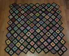 Vintage Black AFGHAN Granny Square Lap Blanket Throw Big Bang/Roseanne