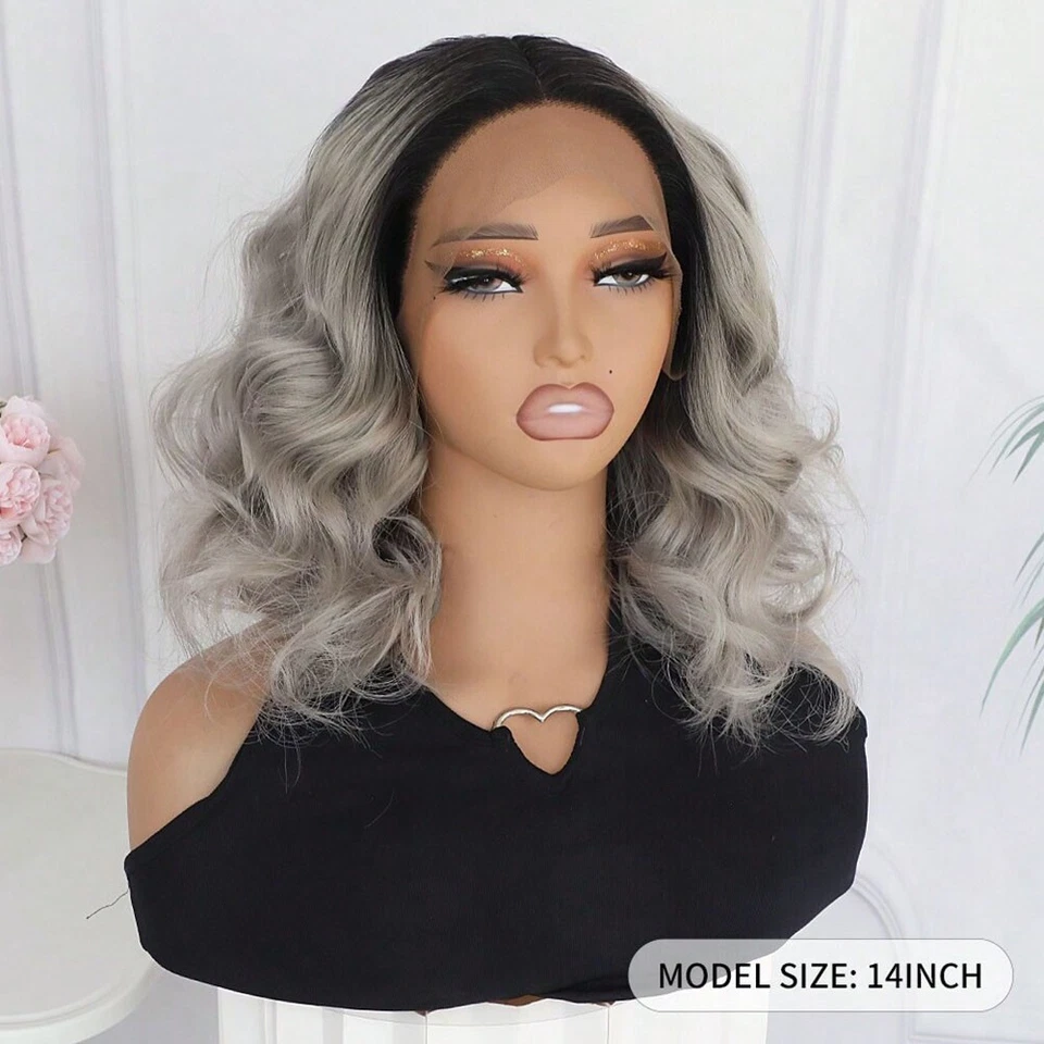 Парики Ombre серые короткие волнистые Bob 13x4 кружевные спереди синтетические теплобезопасные для женской вечеринки - Изображение 3 из 4
