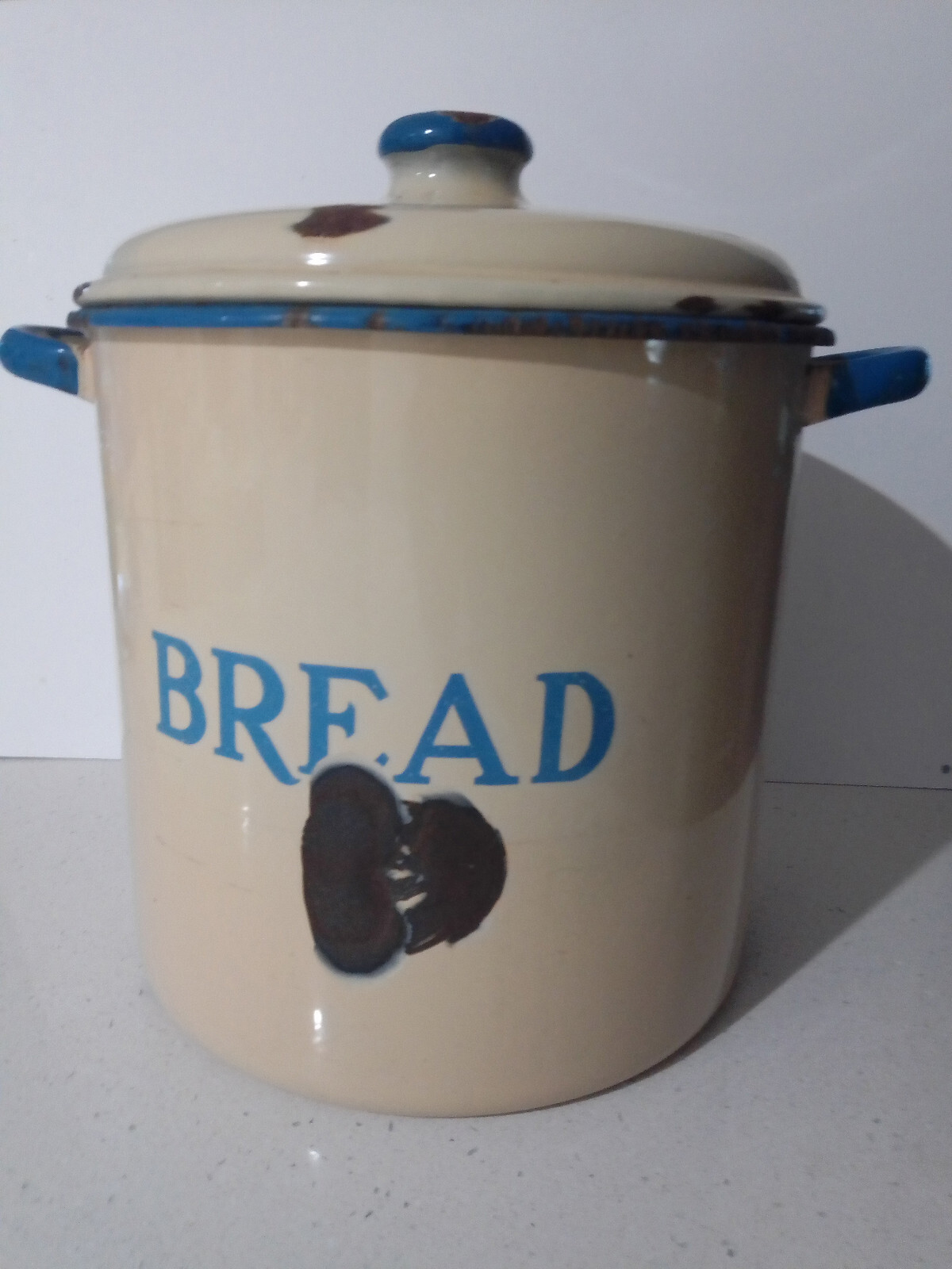 VINTAGE ENAMEL WARE CREAM AND BLUE BREAD BIN TIN CANISTER BOX