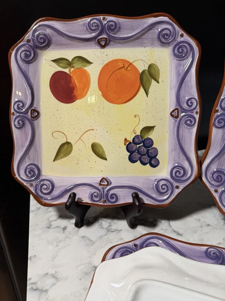 Set 4 Tabletops Unlimited Medici Hand Painted Square 11" Plates Colorful Fruit - Image 2 of 4