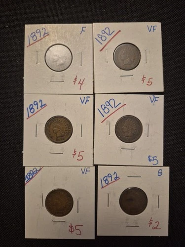 Lot Of 6 1892 Indian Head Pennies. 5 F+ (4 VF!) Nice Coins!