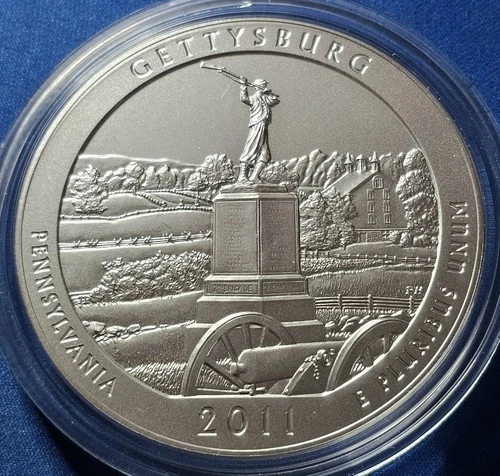 2011 P America The Beautiful Five (5) Ounce Silver Gettysburg Coin.  Box and COA