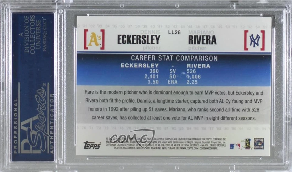 2010 Topps Legendary Lineage Dennis Eckersley Mariano Rivera PSA 10 GEM MT HOF - Image 2 of 2