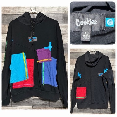 Cookies Hoodie Sweatshirt Size XL Black Pullover Multi Color Accents Zippers A8