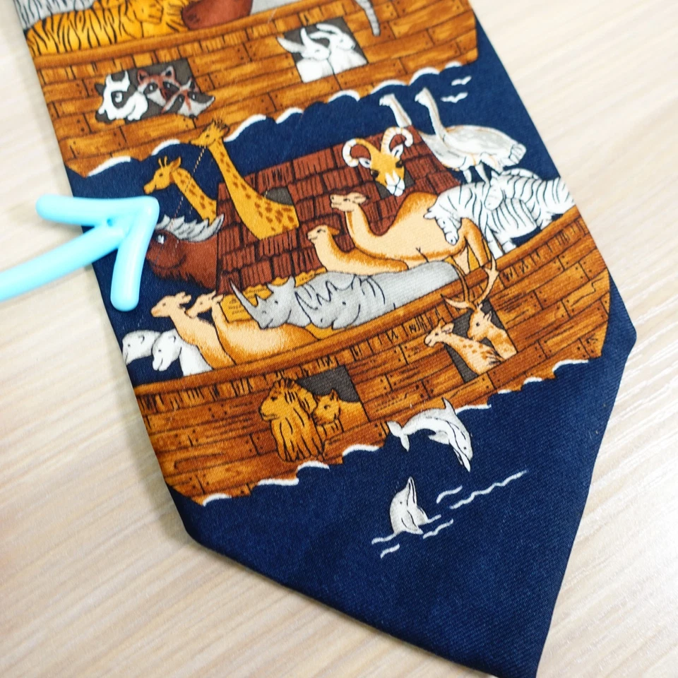 Vintage Noahs Ark Neck Tie Men ALYNN Navy Brown Animal Boat Novelty Art USA Made - Image 4 of 4