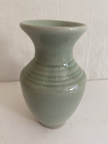 VTG Green Celadon Asian Signed Bud Vase 4.5" Tall Collectible Excellent
