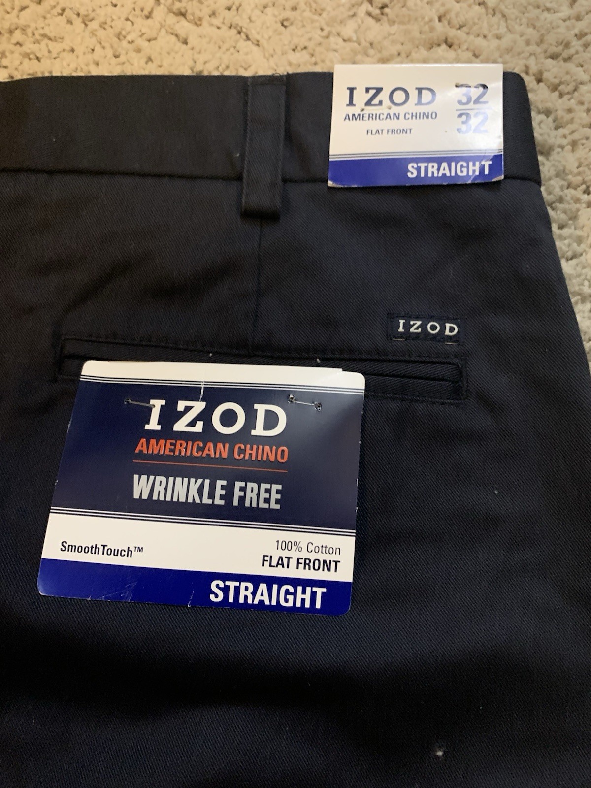 Izod American Chino Men's Flat Casual  Straight Navy Blue Cotton Khakis 32x32