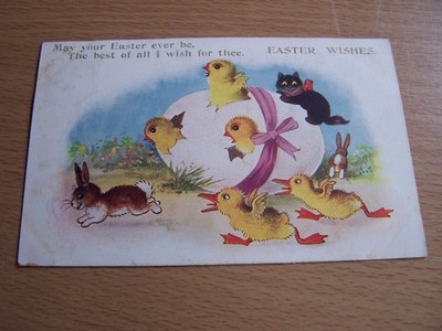 Osterwünsche Katze Küken & Hase Vintage Postkarte 1925 Comique Serie 5042
