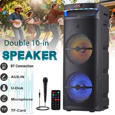 Dual 10" Subwoofer Portable Bluetooth Speaker Heavy Bass Sound System Party Mic