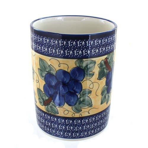 Blue Rose Polish Pottery Grapes Utensil Jar with Cobalt Trim