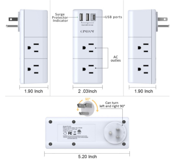 QINLIANF 3-Sided USB Outlet Extender, 6 AC Outlets & 3 USB Ports, Travel