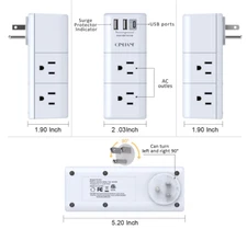 QINLIANF 3-Sided USB Outlet Extender, 6 AC Outlets & 3 USB Ports, Travel