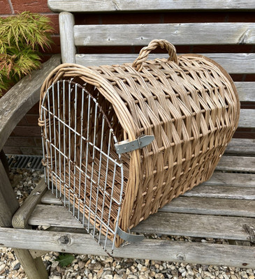 Vintage Weidenkorb Katze Reisekorb Trage kleiner Hund / kleines Haustier / Lederriemen