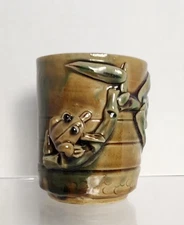 Vintage Green Art Pottery 4" Planter 3D Frog On Bamboo Signed Hand Painted