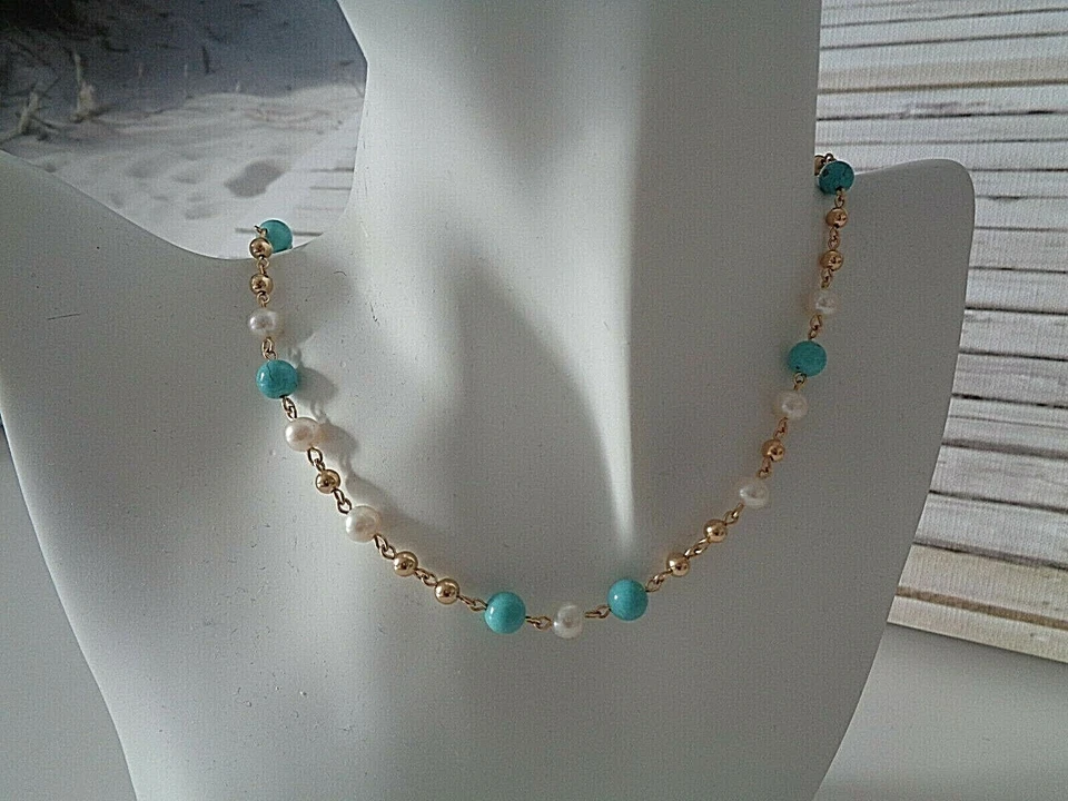 Halskette mit Perlen, Türkis, 585 Gold Filled - Bild 3 von 4