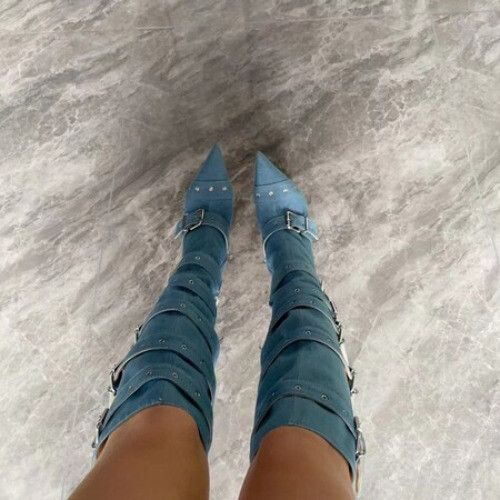 Womens Pointed Toe Runway Buckle denim Knee High Boots Fashion Heels Western New