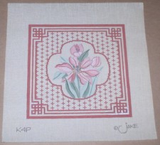 Pink Flowers w/ Decorative Border Handpainted Needlepoint Canvas
