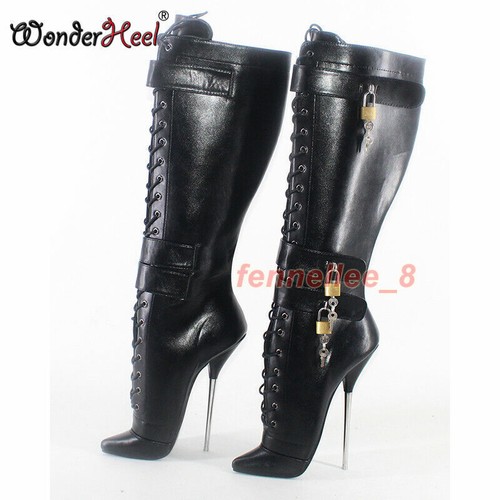 New Style Ballet Boots 7" Stiletto Heel Triple Locked Padlock Fetish Boot - Bild 6 von 17