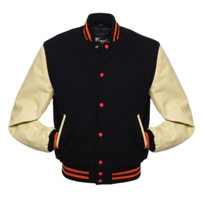 Men's Black Versatile Wool Cream Jacket Leather Sleeves Stylish Winter Outerwear