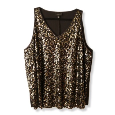 Lane Bryant Women Black Gold Sequin Tank Top 22 Blouse Glam