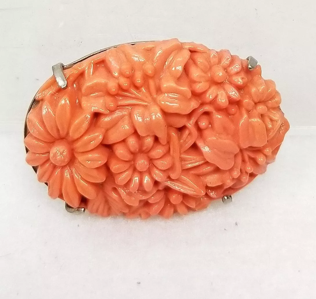 Antique Vintage Coral or Faux Coral Carved Mounted Pin Brooch