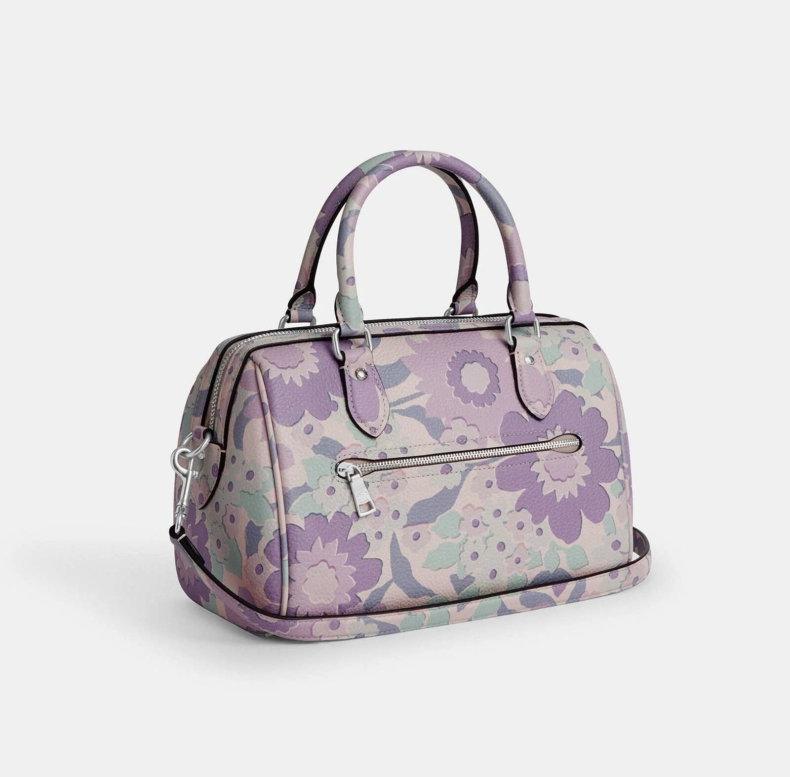 Borsa a tracolla Coach Rowan nuova con etichetta con stampa floreale in argento avorio multi viola