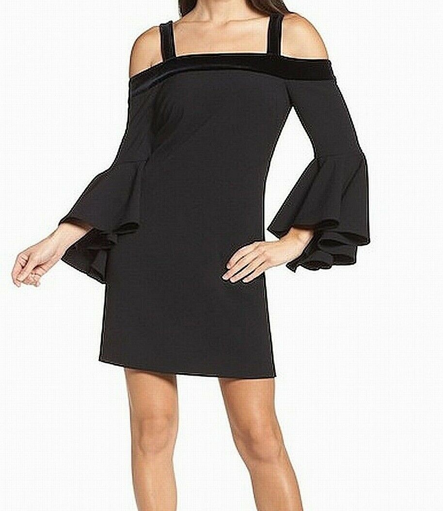 Chelsea28 Women Velvet Trim Ruffle Sleeve Shift Dress (Black